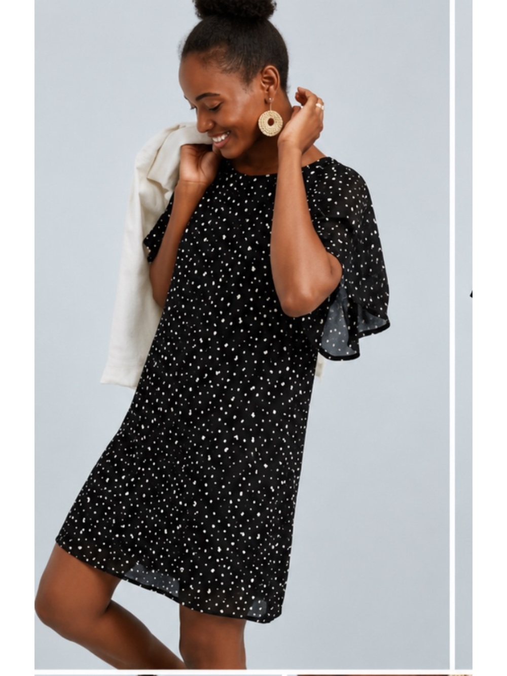 Anthropologie Cloth & Stone Black Printed Flutter Sleeve Dress